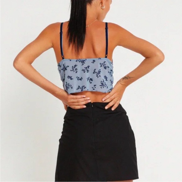 Motel Rocks Blue Floral Rumako Crop Top Velvet Bow detailing - Picture 2 of 6